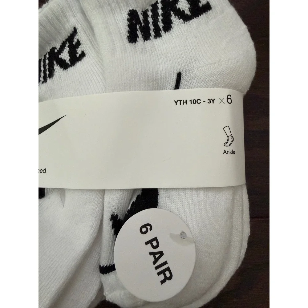 Nike Kids 6 Pack Everyday Cushioned Ankle Socks White Black BN0508-F00 10C-3Y